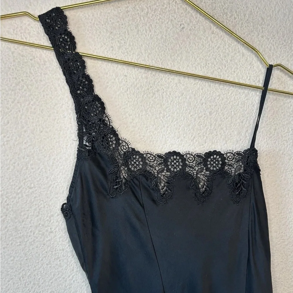 Vintage Y2K Black Silk Slip Dress Lace One Shoulder Maxi Goth S/M - Picture 12 of 13